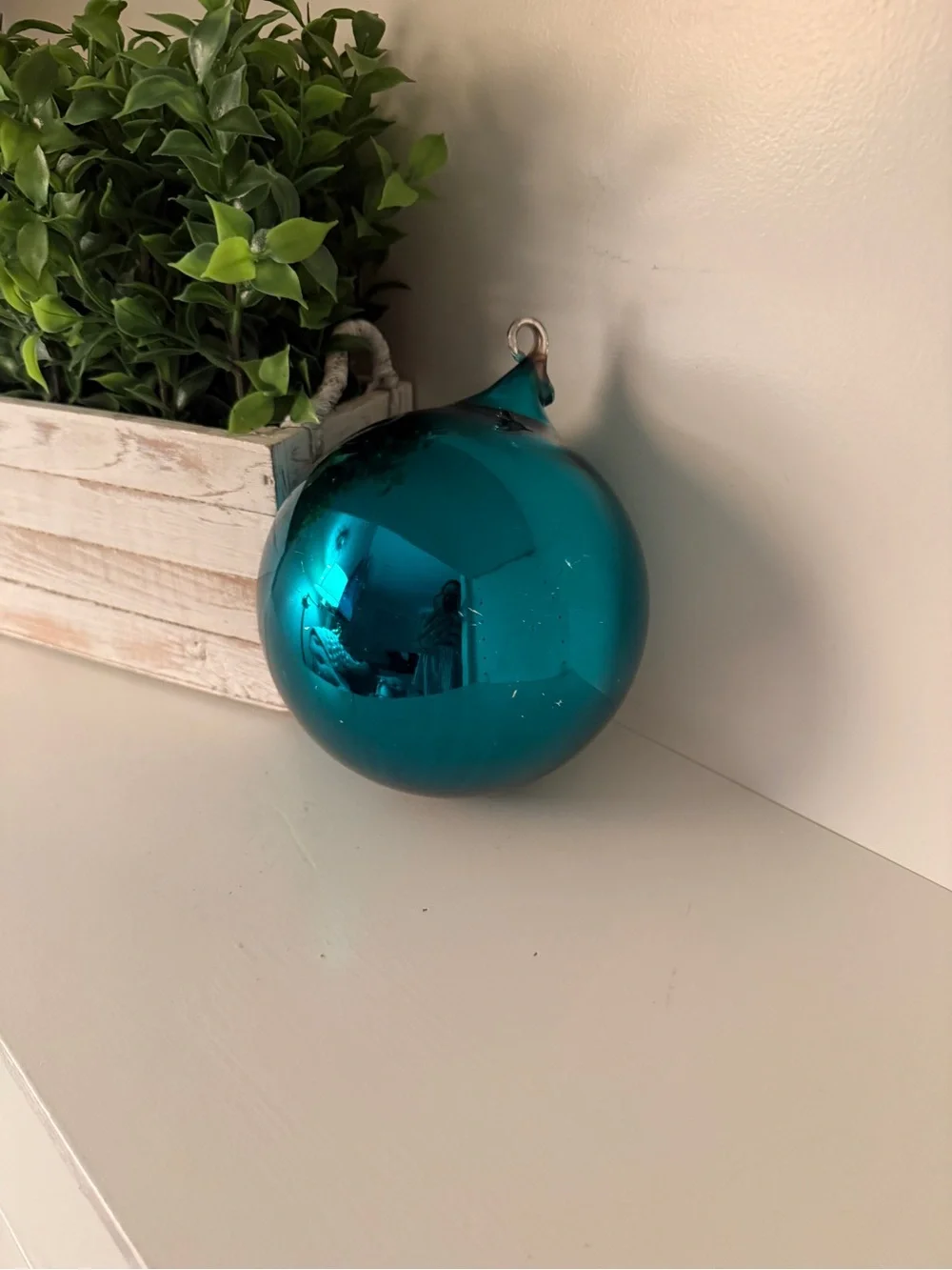 Department 56 Mercury Glass Teal Christmas Ball Ornament 4” w/Original Box VTG